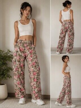 Riley & James Floral Camo Cargo Pants Pink Rose Wide Leg Utility Girlypop S